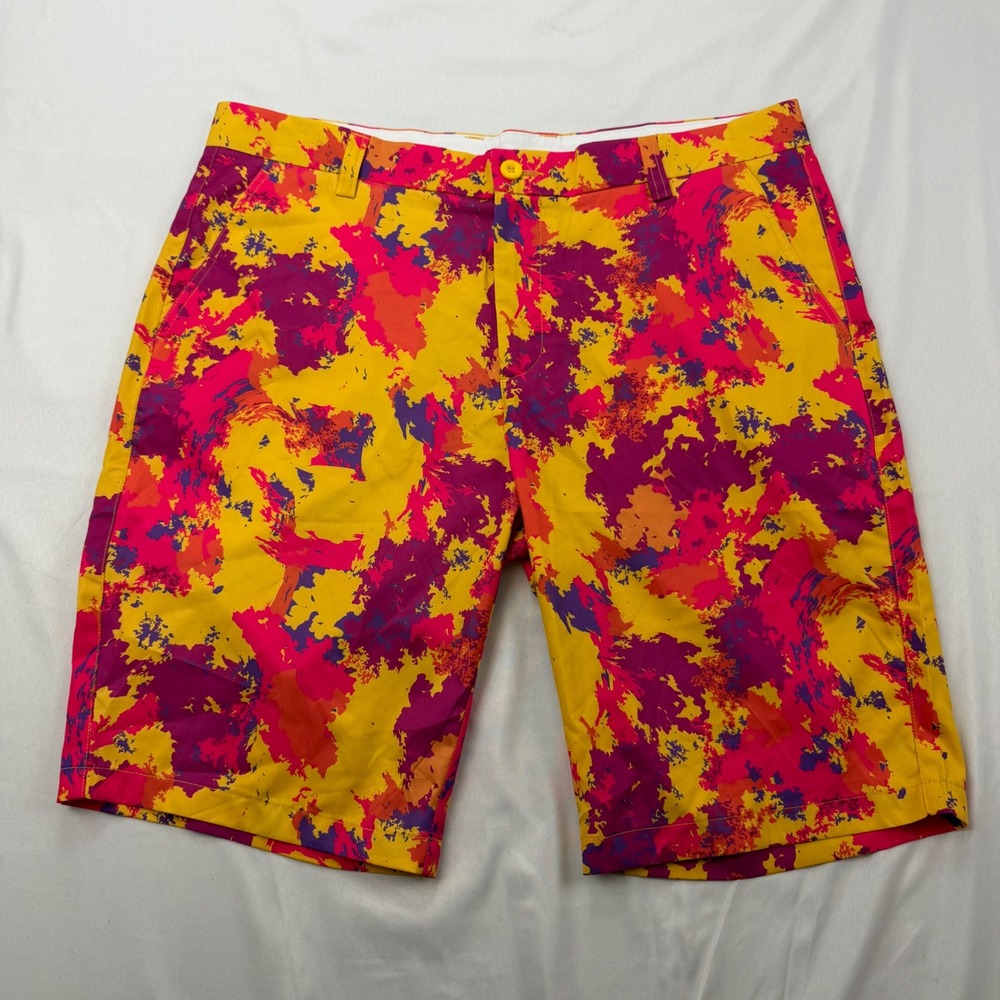 Hreski Golf Shorts Men 34 Yellow Pink Abstract Splatter Performance Stretch